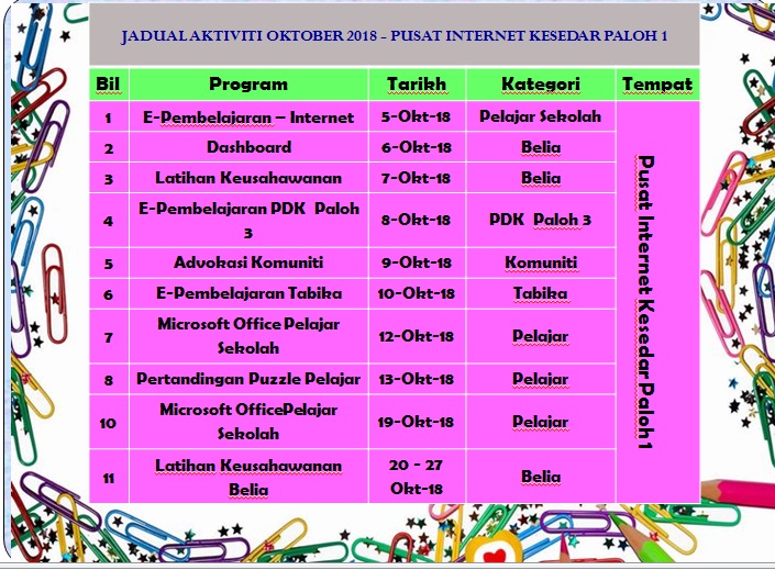 jadual aktiviti oktober