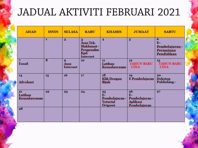 JADUAL AKTIVITI FEBRUARI 2021
